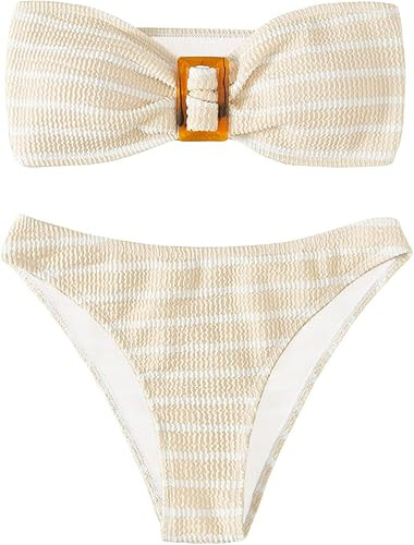 GORGLITTER Women's Strapless Bandeau Swimsuit High Waisted Thong Textured Bikini Set Bathing Suit | Amazon (US)