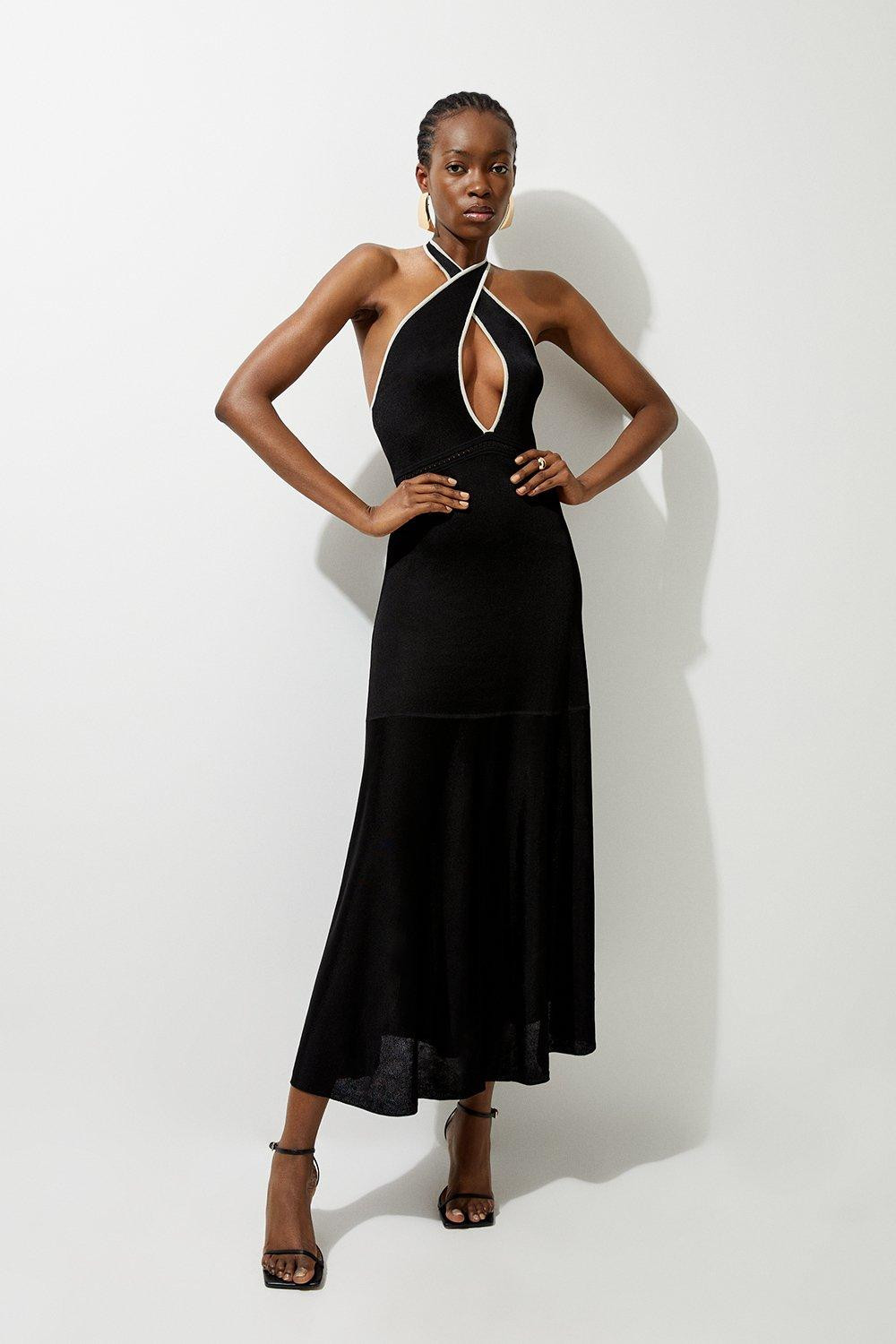 Slinky Knit Contrast Piping Halter Neck Maxi Dress | Karen Millen UK + IE + DE + NL
