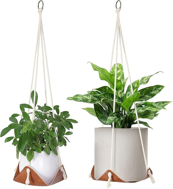 AceList 2 Pcs Leather Plant Hanger, 8.6in Hanging Plant Holder Indoor & Outdoor Hanging Planter, ... | Amazon (US)