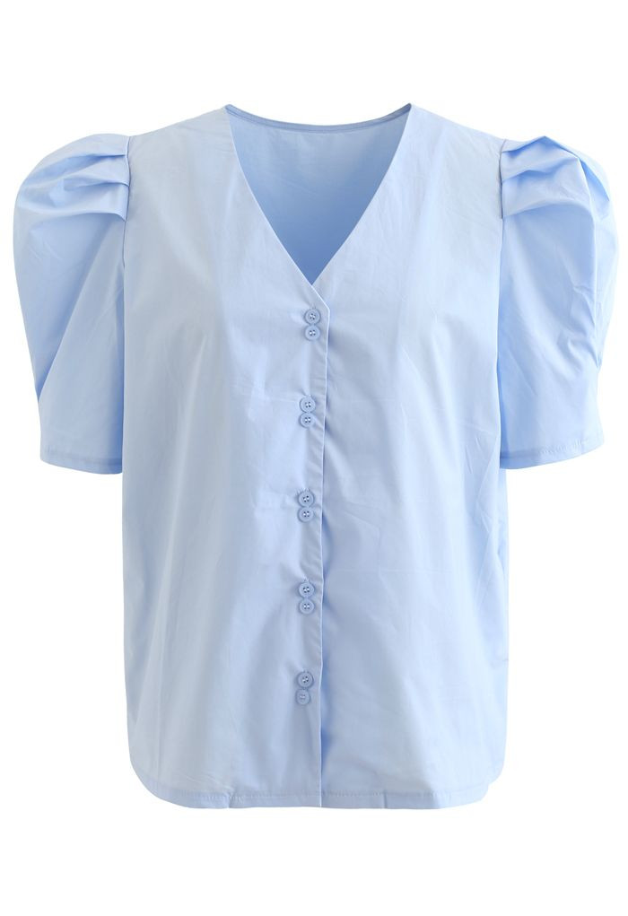 Sky Blue Puff Short Sleeve V-Neck Buttoned Top | Chicwish