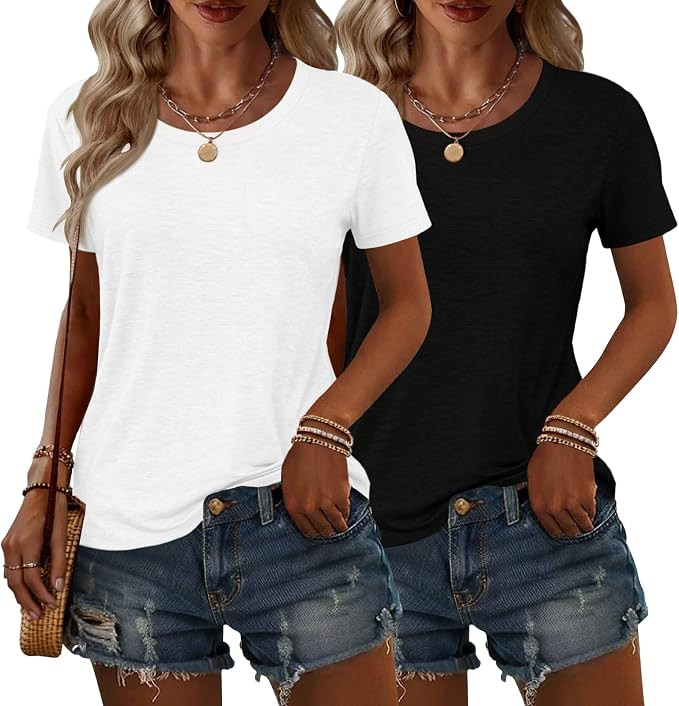 KILISU 2PCS Women Short Sleeve T Shirts Crew Neck Solid Soft Basic Tee Casual Loose Fit Lightweig... | Amazon (US)