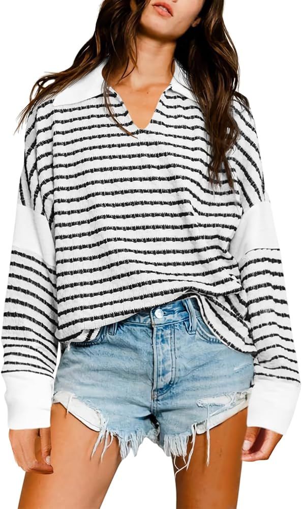 Womens Oversized Long Sleeve Shirts Pullover Sweaters Striped V Neck Loose Fit Sweatshirts Tunic ... | Amazon (US)