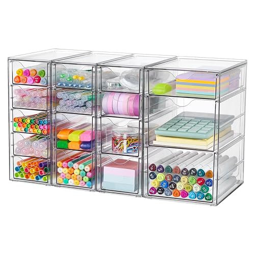 Vtopmart 4 Set Clear Desk Organizer, Pen Organizer with 16 Drawers, Acrylic Desktop Organization and Storage for Office Supplies, Pen, Makeup, Art Craft, Jewelry | Amazon (US)
