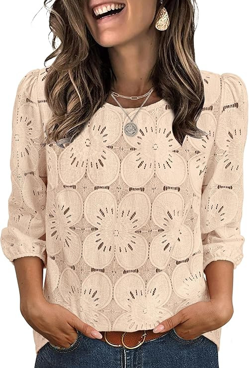 Sampeel Women Blouses Dressy Casual 3/4 Length Sleeve Tops Eyelet Lace Spring Summer Shirts Beach... | Amazon (US)