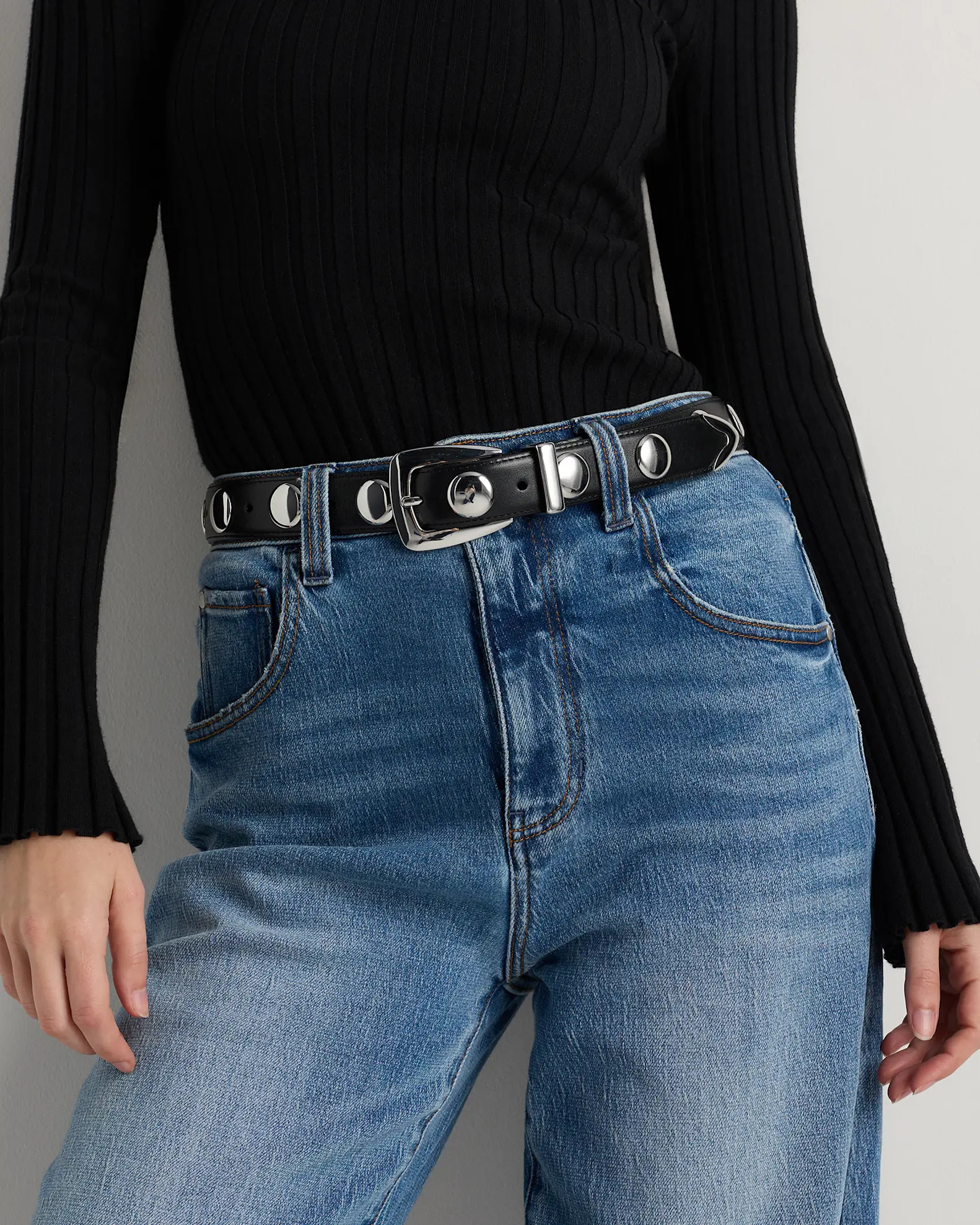 Alyssa European Leather Studded Belt in Black/Silver | Quince