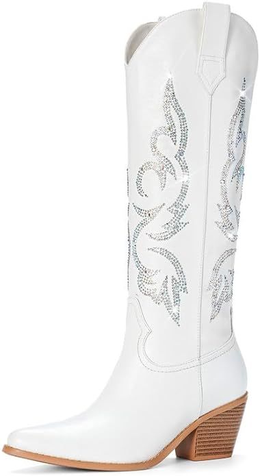 Platikly White Cowboy Boots for Women - Wide Calf Rhinestone Cowgirl Boots, Women Knee High Weste... | Amazon (US)