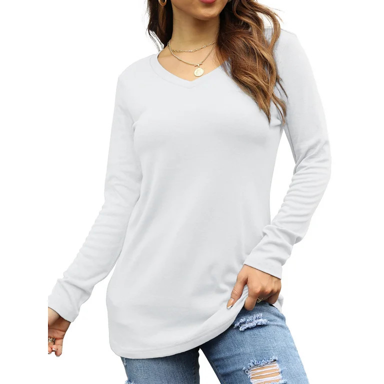 TEMOFON Women Long Sleeve v neck Shirts Comfy tunic top fall Solid Color Tops Casual Basic Tunic ... | Walmart (US)