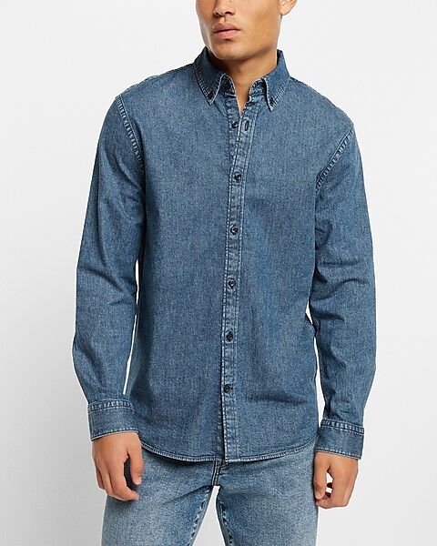 Medium Wash Stretch Denim Shirt | Express