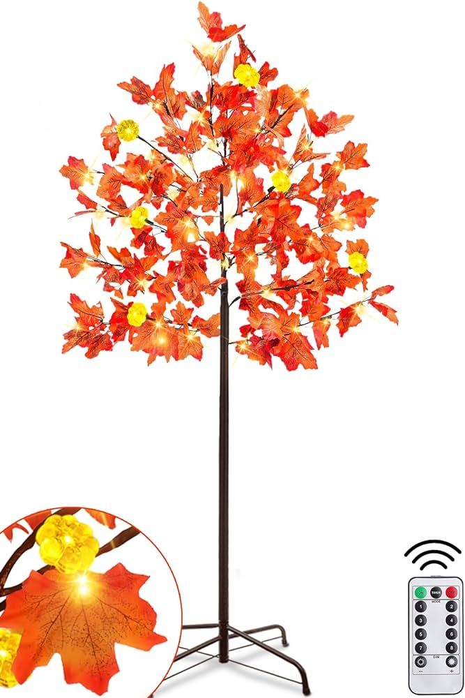[ Timer & 8 Modes ] 5 Ft Lighted Fall Maple Tree Fall Decor Remote Control Battery Operated 3D Pu... | Amazon (US)