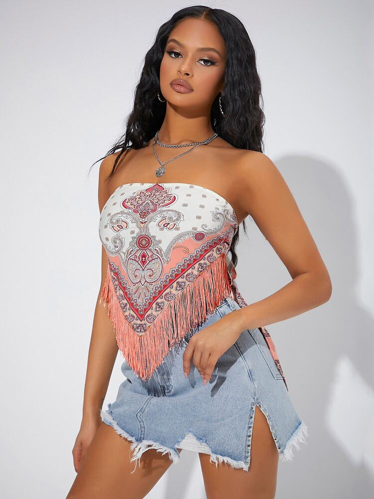 SHEIN Tie Backless Fringe Trim Paisley Tube Top | SHEIN