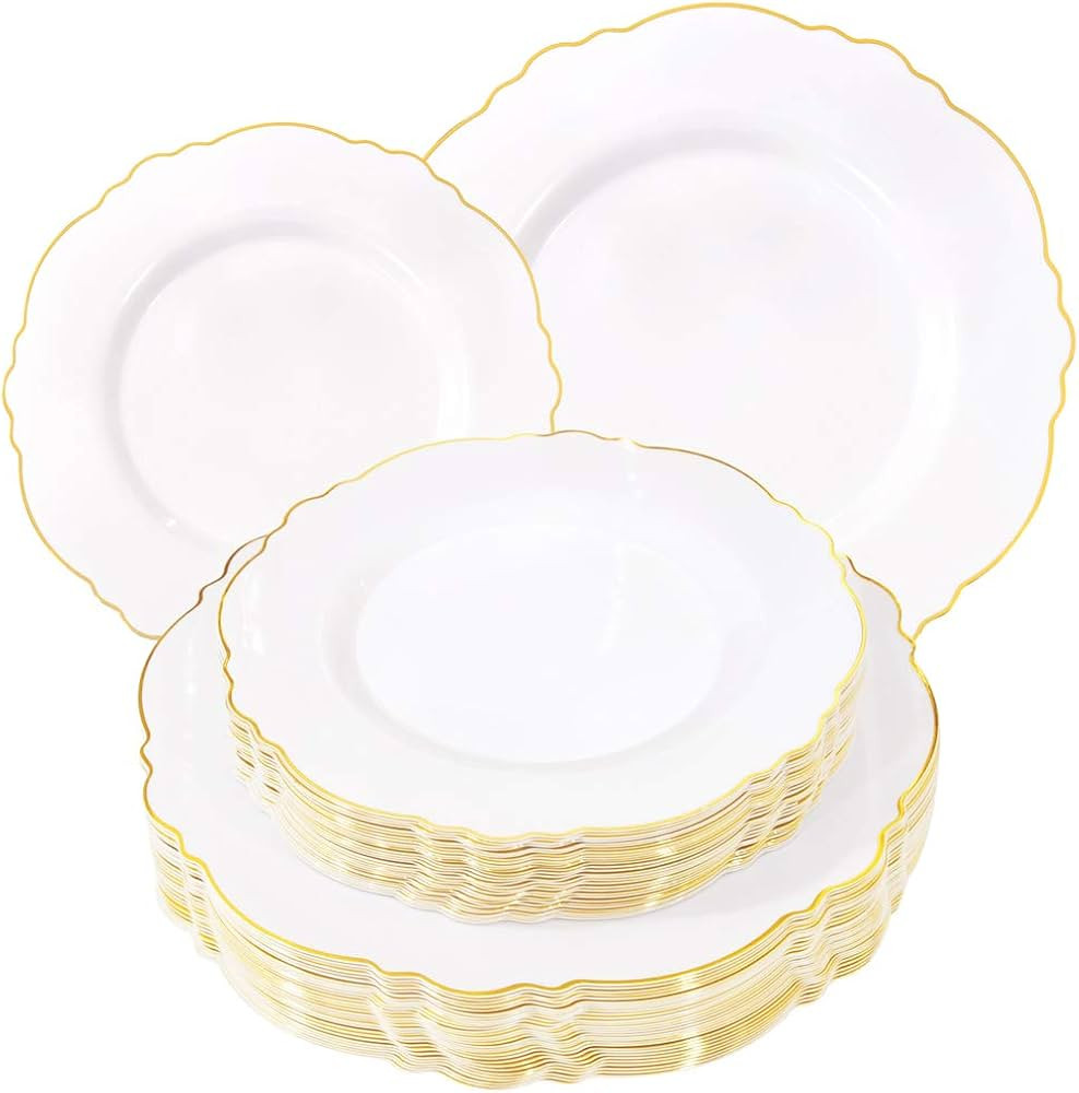 WDF 60pcs Gold Plastic Plates - Baroque White and Gold Disposable Plates for Upscale Parties, Weddin | Amazon (US)