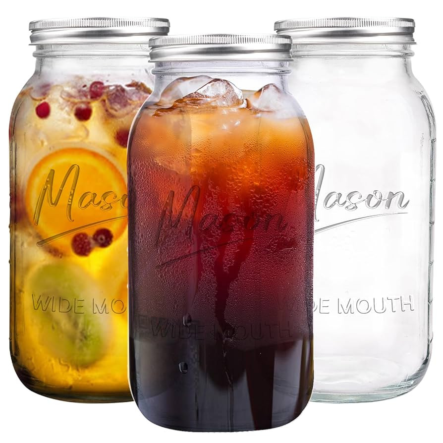 64 oz Mason Jar Wide Mouth,3 Pack Large Half Gallon Mason Jars with Airtight Lid,Big Glass Jars f... | Amazon (US)