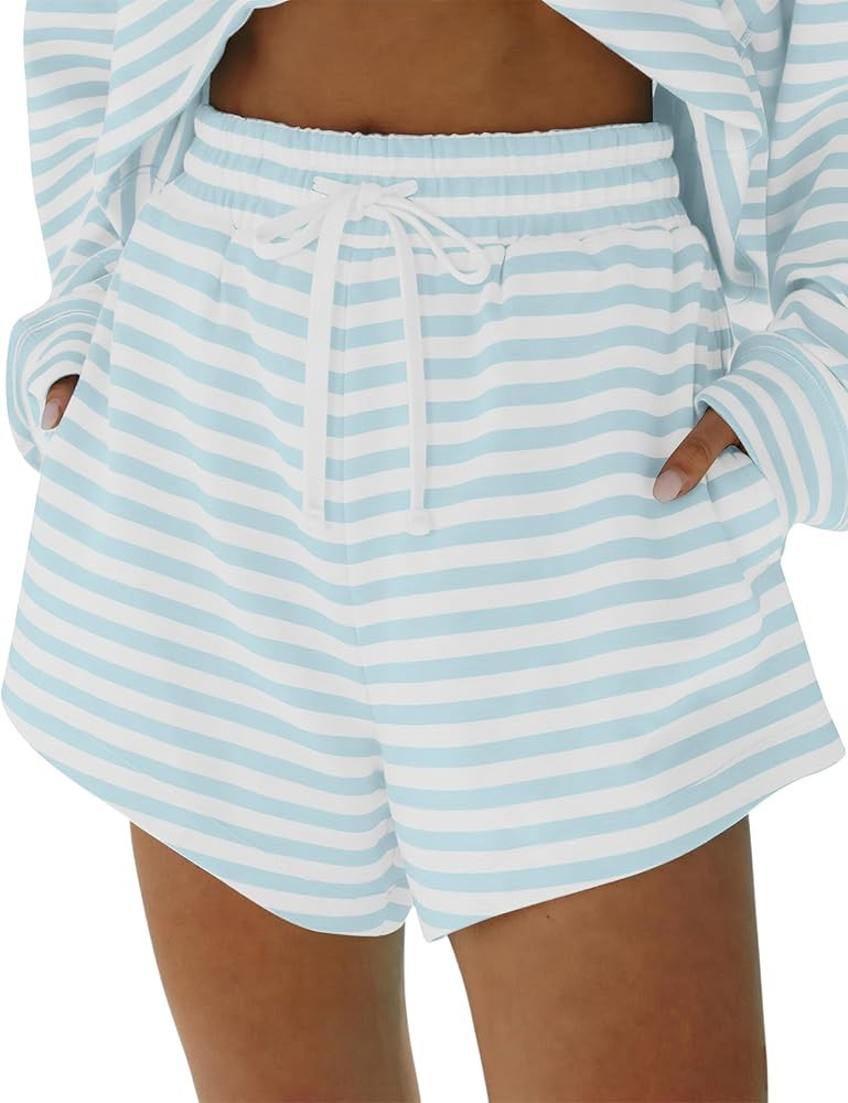 HOCANDY Womens Striped Shorts Drawstring Elastic High Waist SweatShorts Baggy Lounge Workout Shor... | Amazon (US)