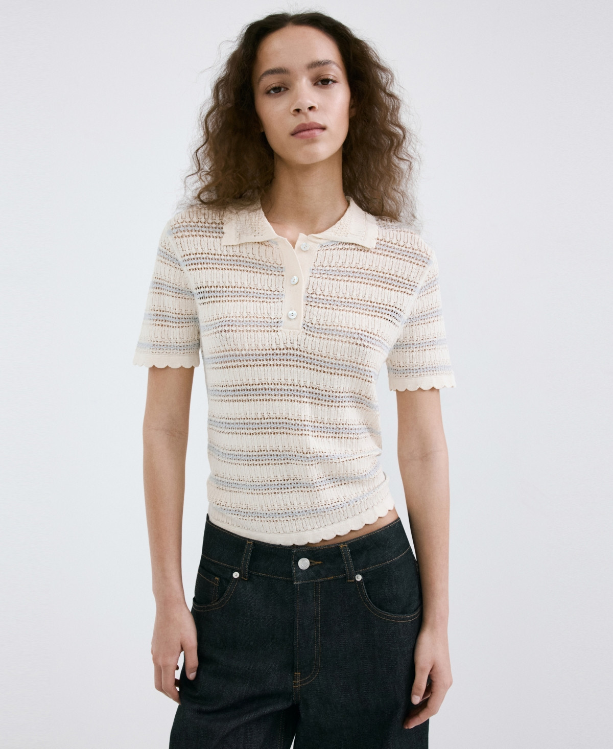 Mango Women's Lace Accents Striped Knit Sweater - Ecru | Macy's