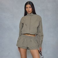 High Neck Zip Up Detail Track Jacket In Khaki Shell, Women's Size UK 14 | EGO (UK)