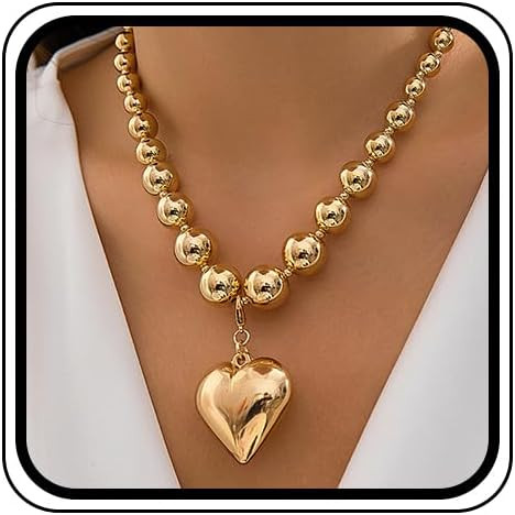 Chunky Gold Beaded Large Heart Statement Necklace for Women Vintage Y2k Big Puffy Love Shaped Choker Bead Pendant Necklaces Punk Oversized Jewelry | Amazon (US)