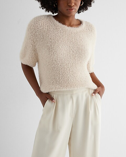 Faux Fur Sequin Crew Neck Short Puff Sleeve Sweater | Express