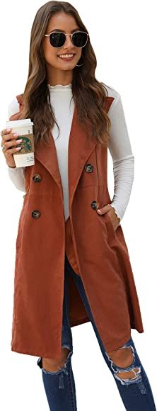 SheIn Women's Double Breasted Long Vest Jacket Casual Sleeveless Pocket Outerwear Longline | Amazon (US)