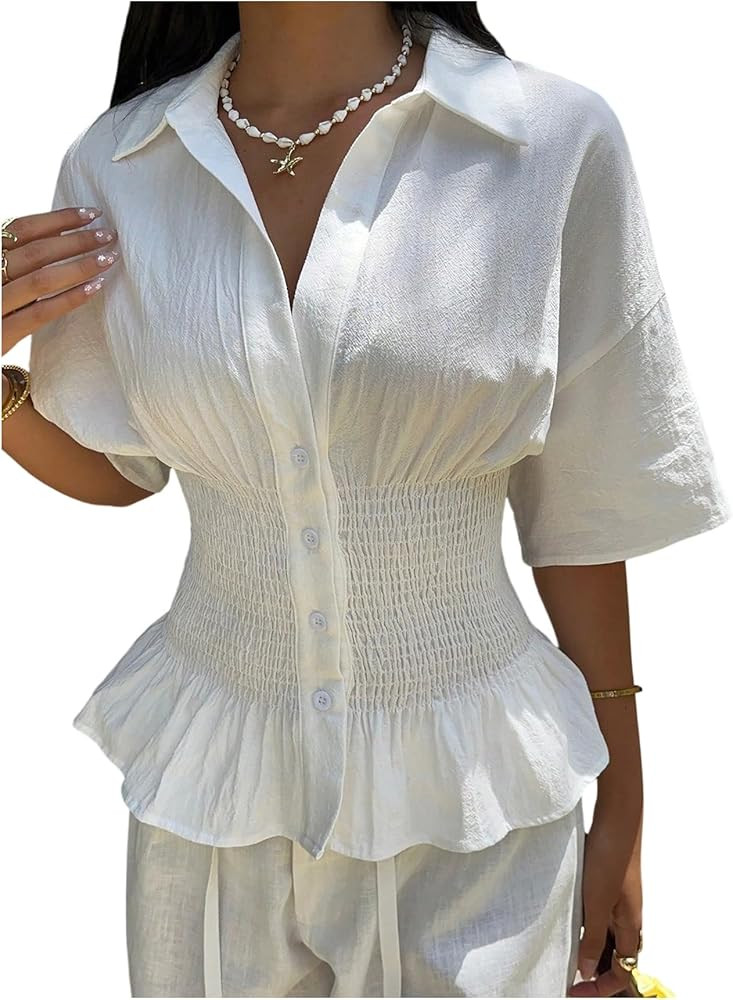 Milumia Women's Collar Button Down Short Sleeve Peplum Top Smocked Cinched Waist Dressy Casual Bl... | Amazon (US)