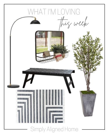 —Artificial olive tree in stone planter— adjustable arc floor lamp with swivel head black—modern stripe area rug—black balance leather bench—gray rectangular mirror with wire basket 

#LTKstyletip #LTKfamily #LTKhome