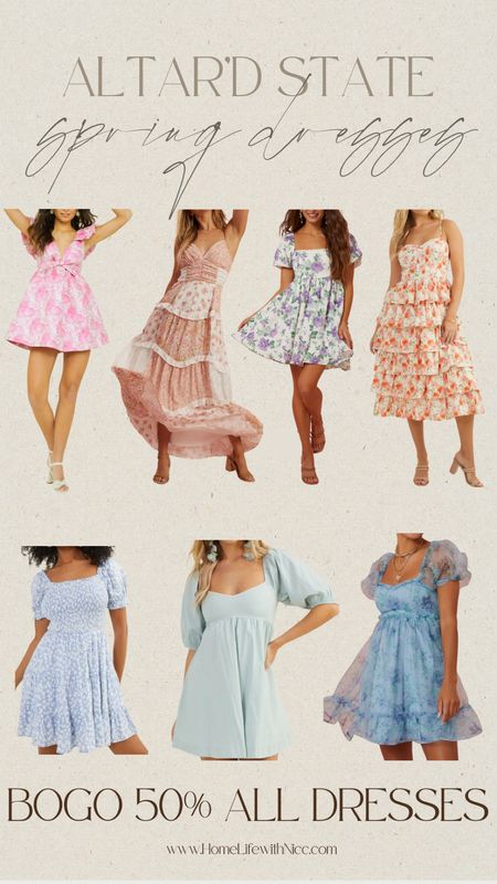 All dresses, rompers, and jumpsuits are buy one get one 50% off at Altar’d State! Here are just a couple of some really adorable spring dresses. 

#LTKstyletip #LTKsalealert #LTKwedding
