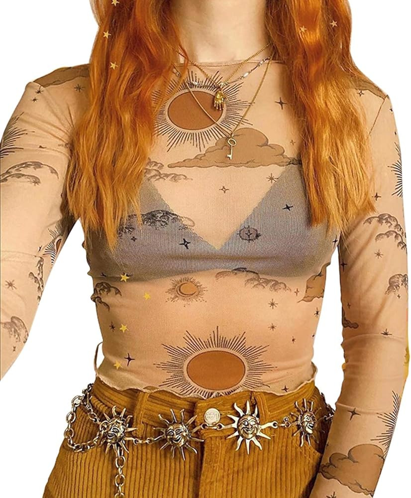 MIZOK Women's Long Sleeve See Through Shirts Angel Print Sexy Sheer Mesh Crop Tops | Amazon (US)