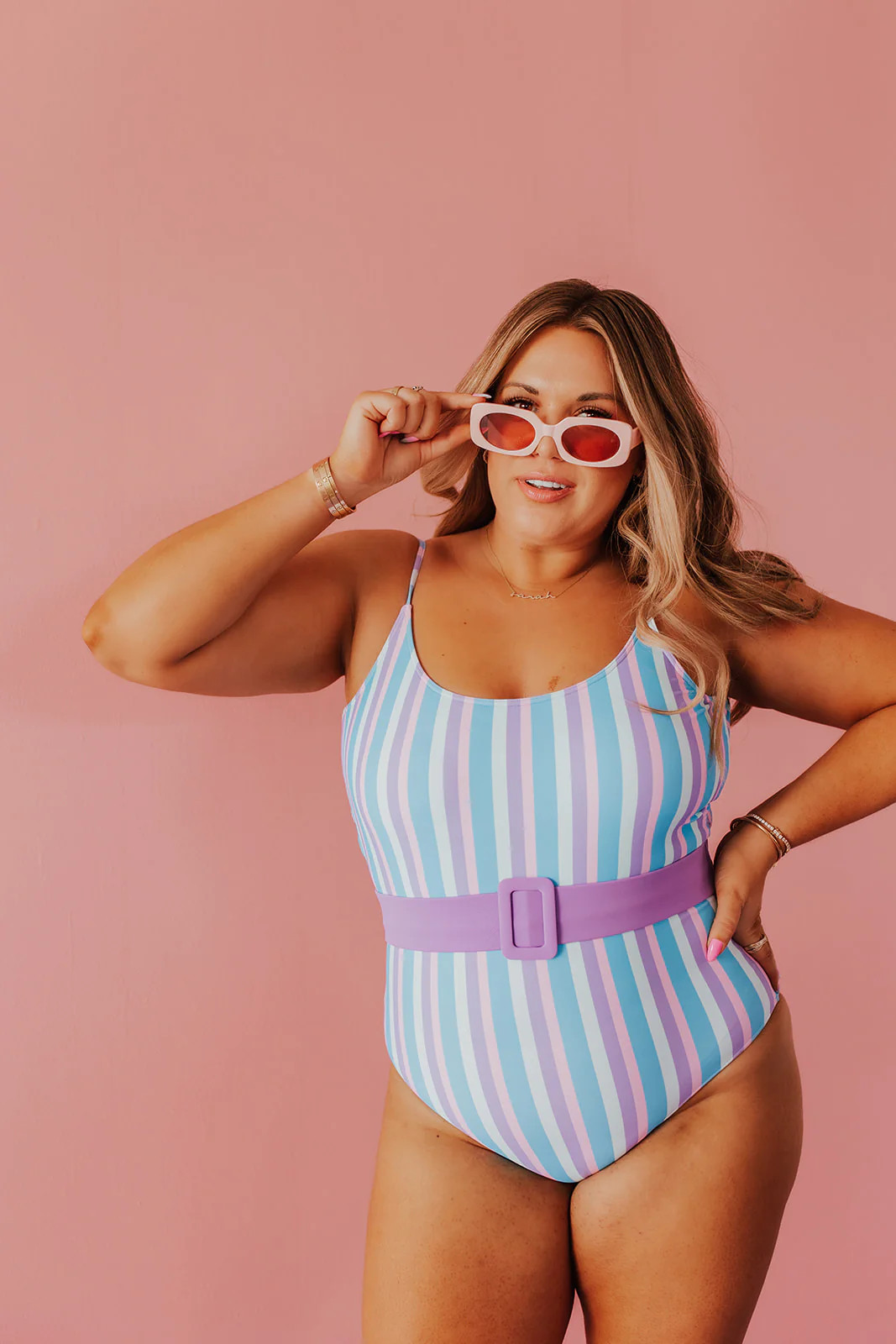 BELTED ONE PIECE IN COTTON CANDY STRIPE BY SARAH TRIPP X PINK DESERT | Pink Desert