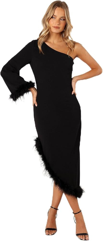 Petal & Pup Womens Dame One Shoulder Feather Midi Dress | Amazon (US)
