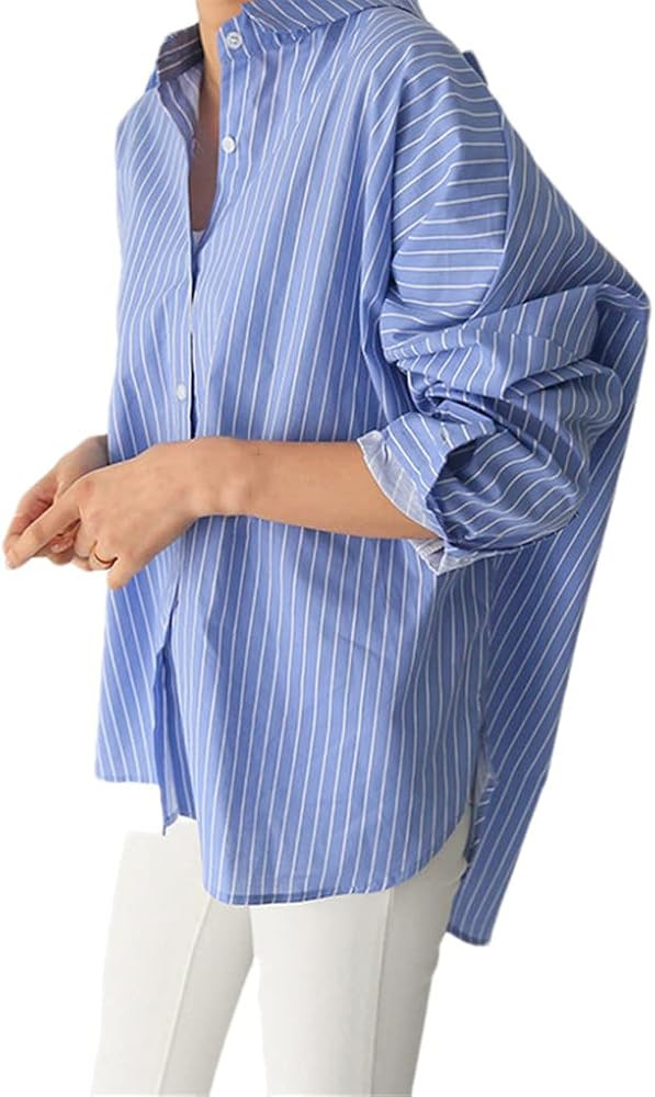 Women's Blue Striped Bow Knot Top Lapel Long Sleeve Loose Fitted Shirt Spring Summer | Amazon (US)