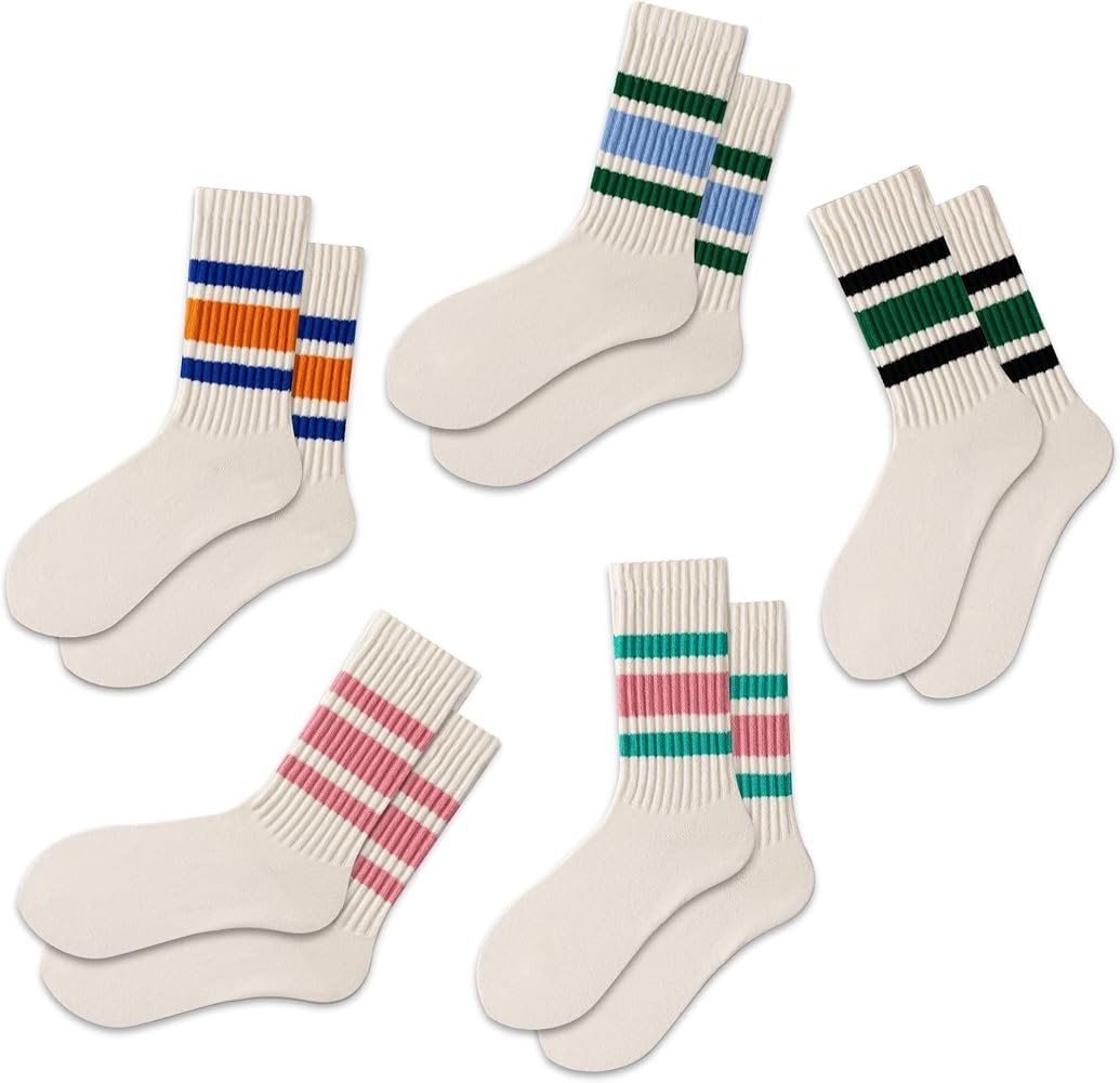 DarkCom Striped Crew Socks 5 Pairs Seamless Toe for Men and Women, Color of Light Cream, Casual C... | Amazon (US)
