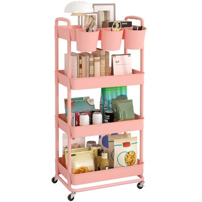 4-Tier Rolling Storage Cart Utility Cart with Extra Hanging Cups Handles Lockable Wheels Pink-4-Tier 42.52''×15.94''×11.81'' | Target