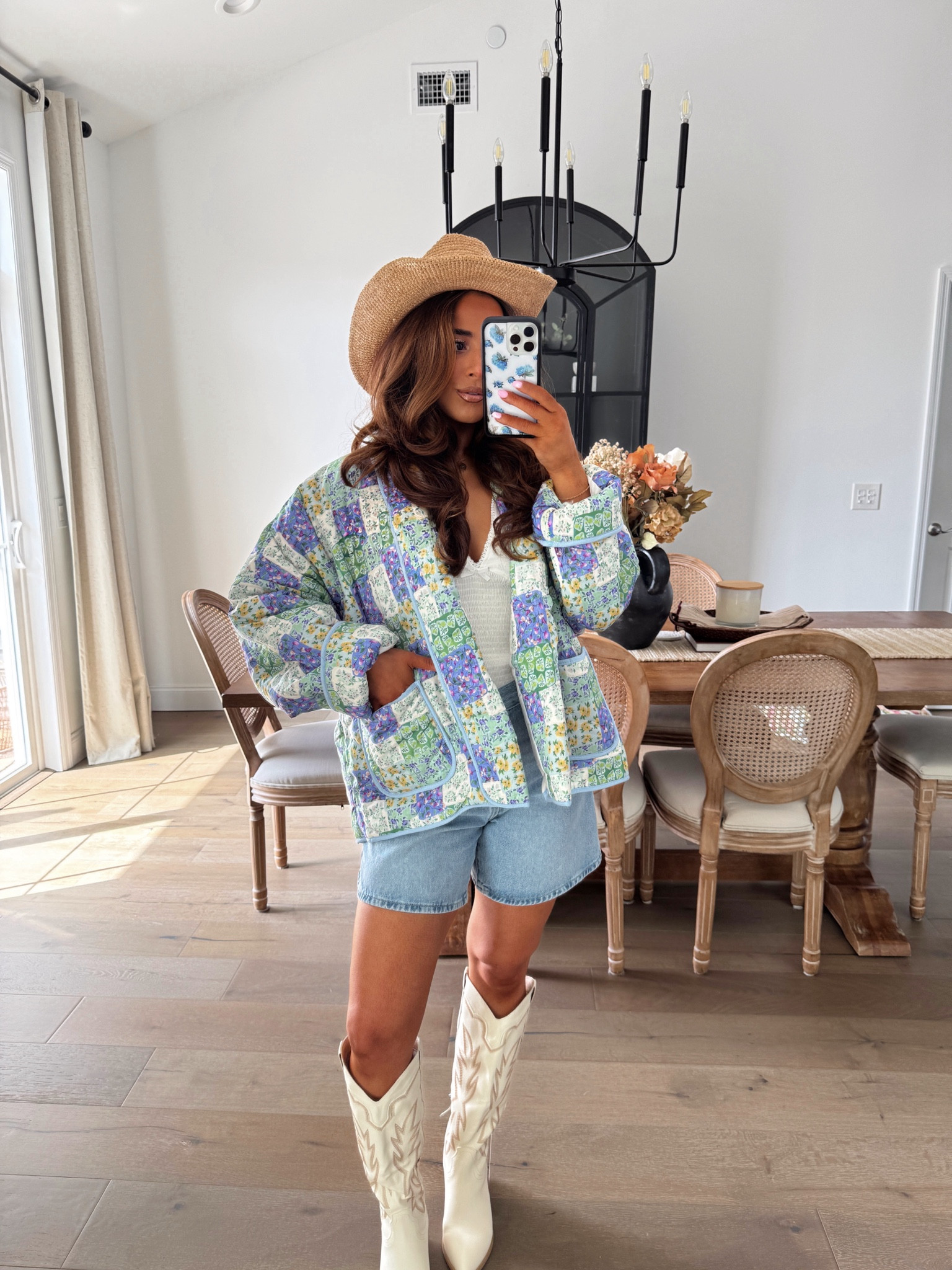 Layered in country charm 🤎🧵 A patchwork quilted jacket over a knit tank, jean shorts, and boots — cozy, cool, and ready for the concert lights! 🌟🤠 

#LTKBeauty #LTKStyleTip #LTKSeasonal
