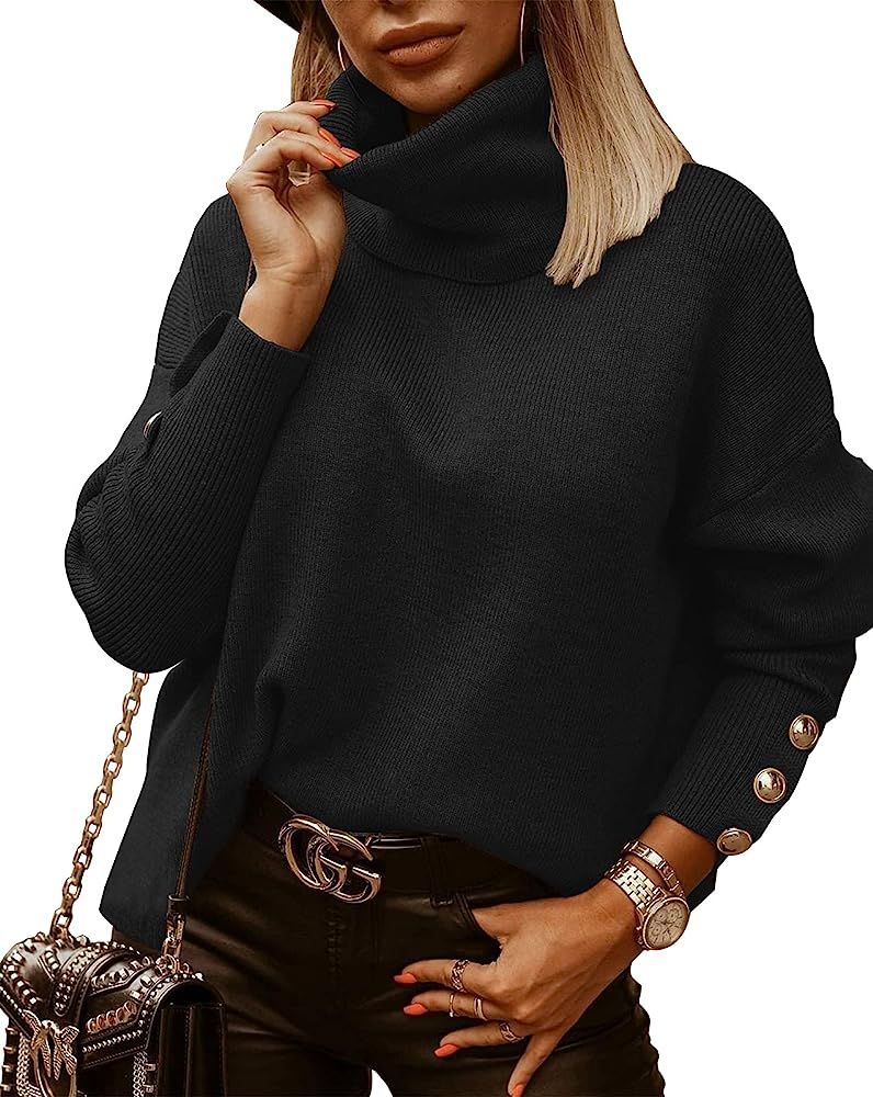 dowerme Women Causal Turtleneck Knit Sweater Long Sleeve Solid Lightweight Basic Pullover Tops with  | Amazon (US)