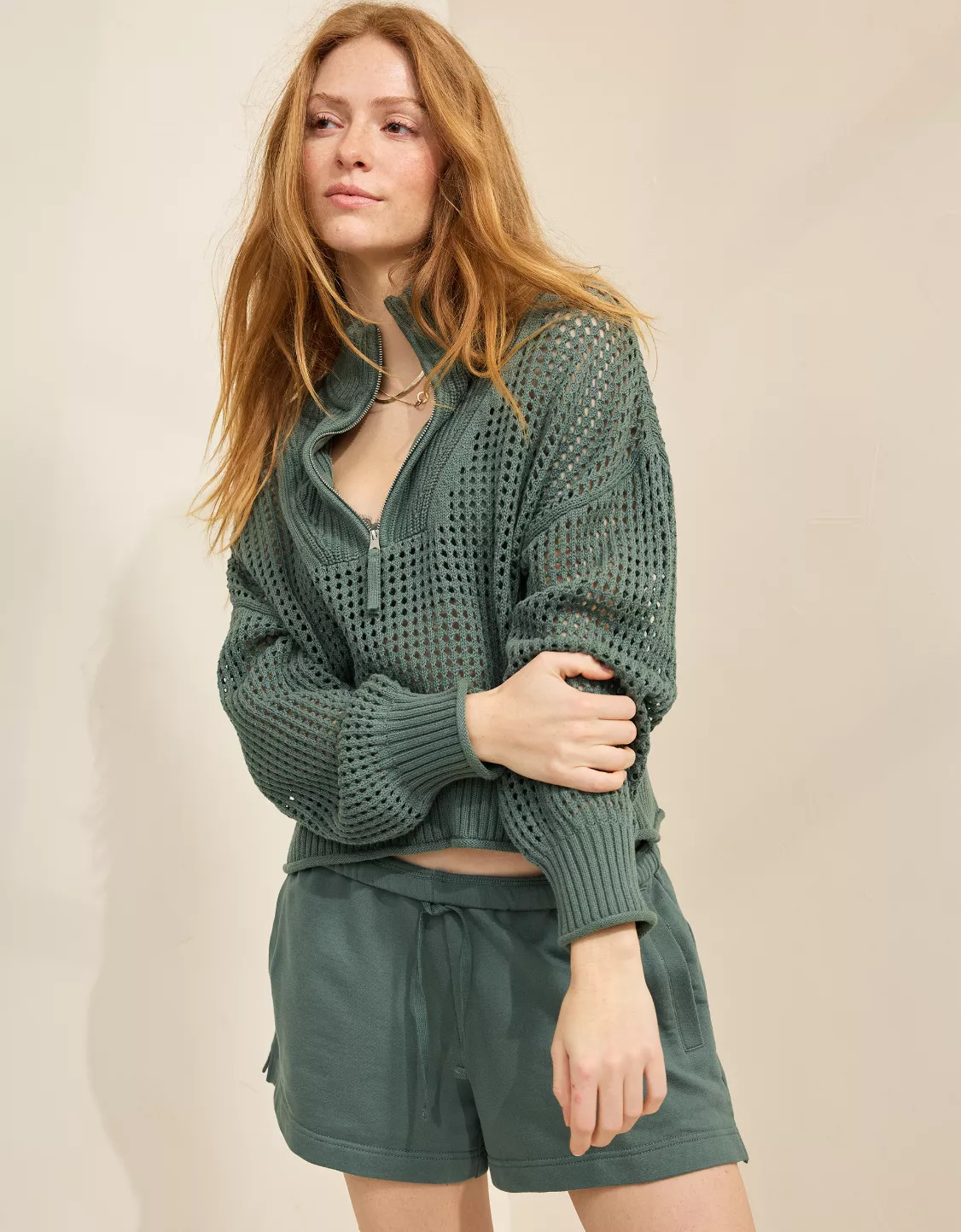 Aerie Crochet Quarter Zip Sweater | Aerie