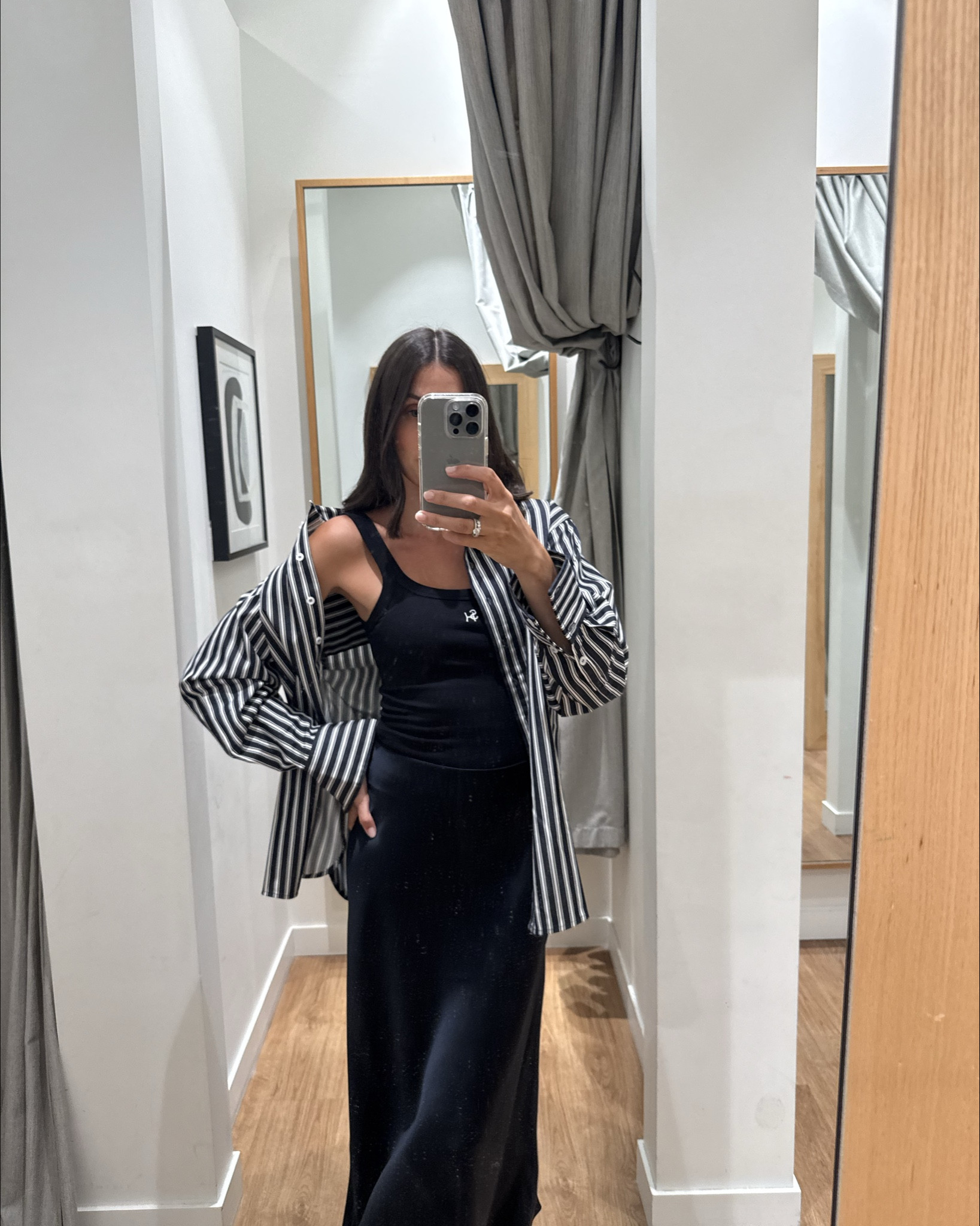 Slip maxi styled with a tank and oversized shirt x