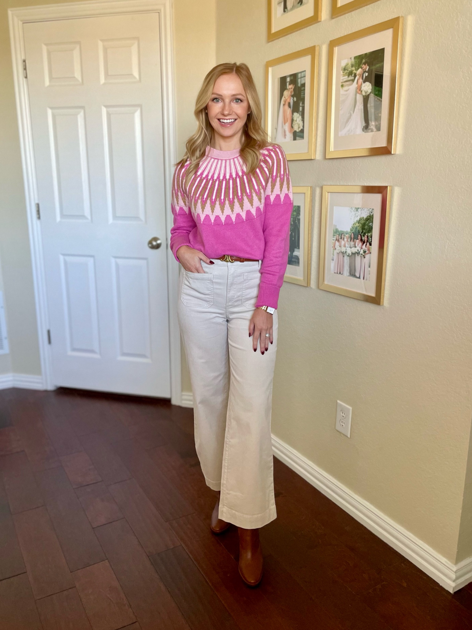 Wearing a 2P in pants and XS in sweater, sweater is a little oversized! | fair isle, corduroy pants, winter white, pink sweater, holiday outfit 

#LTKHoliday #LTKCyberWeek #LTKSeasonal