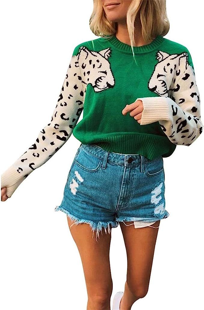 Women's Fall Sweaters Casual Cute Leopard Print Long Sleeves Knit Cropped Sweater Pullover Tops | Amazon (US)