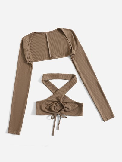 Solid Drawstring Crop Halter Top & Crop Top | ROMWE