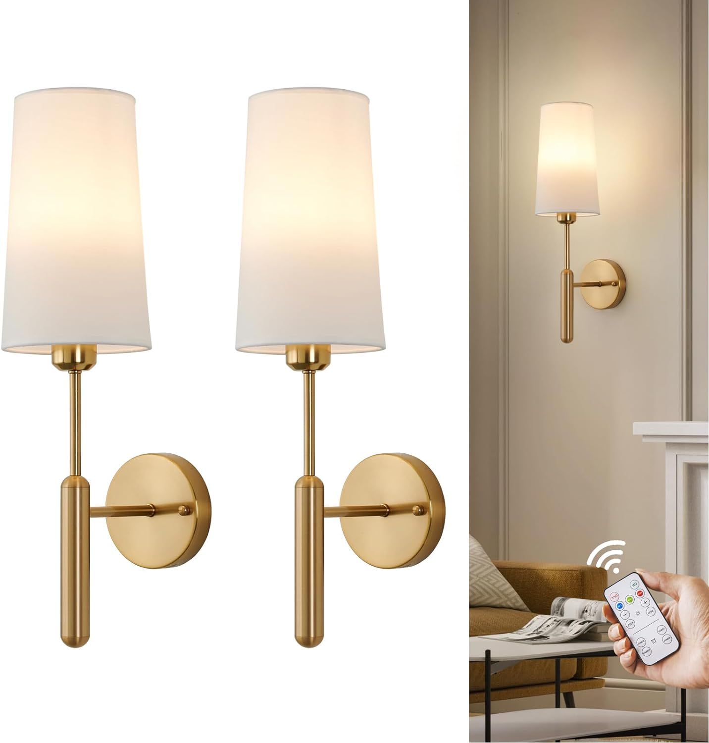 Gold Rechargeable Battery Operated Wall Sconces Set of 2 with Remote, Wireless Dimmable 5000mAh B... | Amazon (US)
