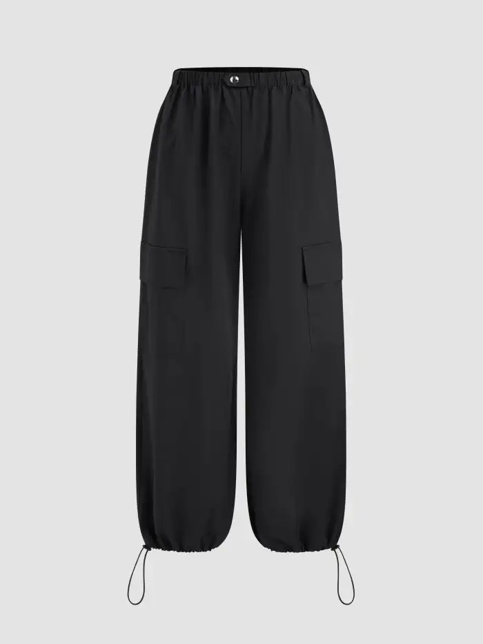 Solid Drawstring Mid Waist Parachute Pants | Cider