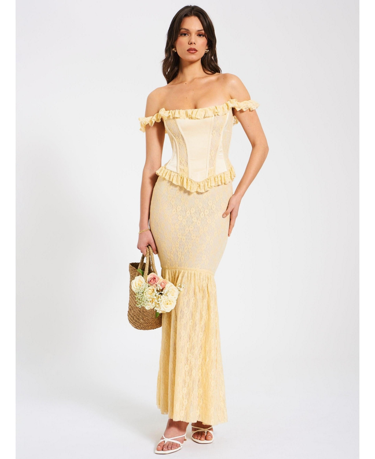 Miss Circle Women's Ersilia Pale Yellow Satin Lace Peplum Corset Off Shoulder Maxi Dress - Pale yellow | Macy's