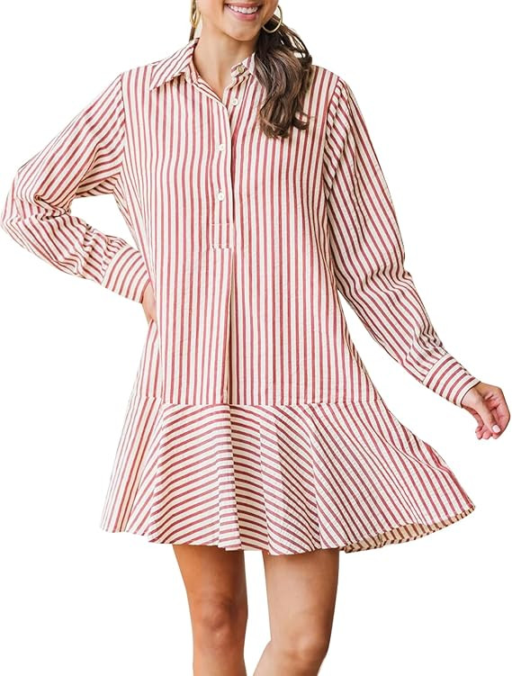 Womens Striped Shirt Mini Dress Long Sleeve Collared Ruffle Hem Button Up Tunic Flowy Swing Dress... | Amazon (US)