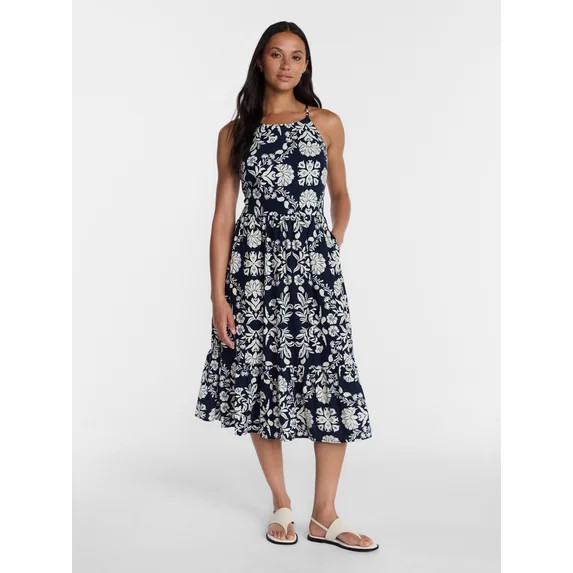 Time and Tru Women's Linen Blend Lace Up Halter Dress, Sizes XS-XXXL | Walmart (US)