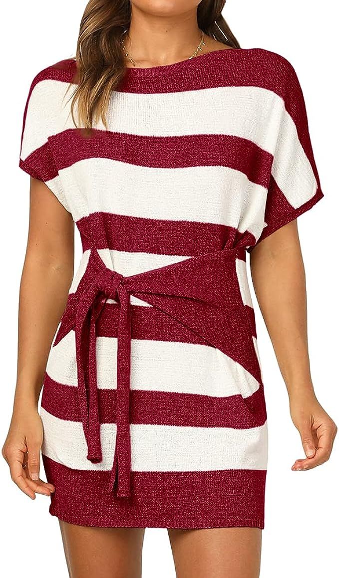 Imily Bela Summer Dress for Women Casual Striped T Shirt Dress Color Block Knit Tie Waist Wrap Dr... | Amazon (US)