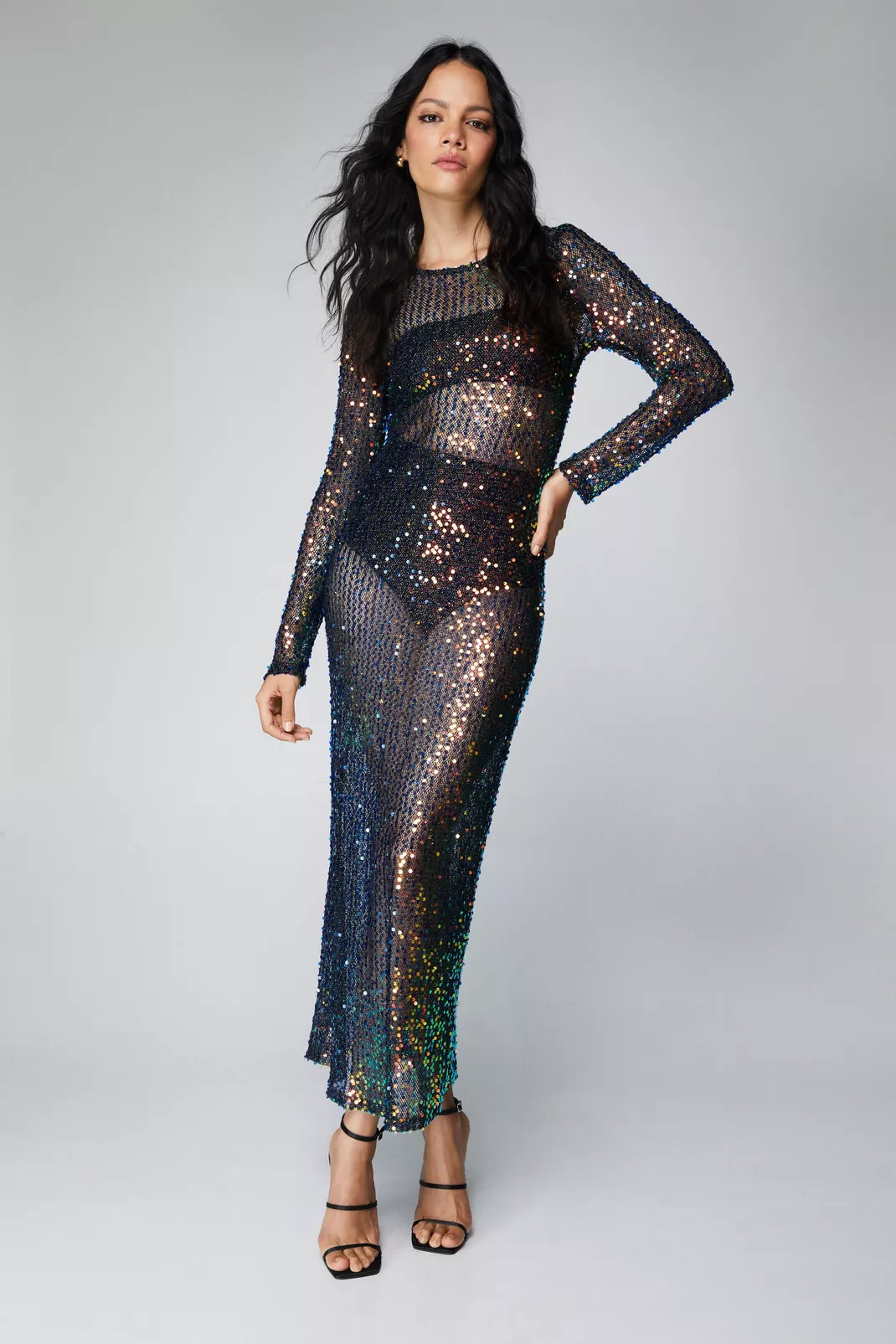 Sequin Sheer Long Sleeve Maxi Dress | Nasty Gal US