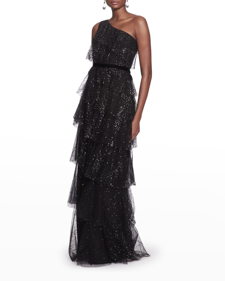 Marchesa Notte One-Shoulder Tiered Glitter Tulle Gown | Neiman Marcus