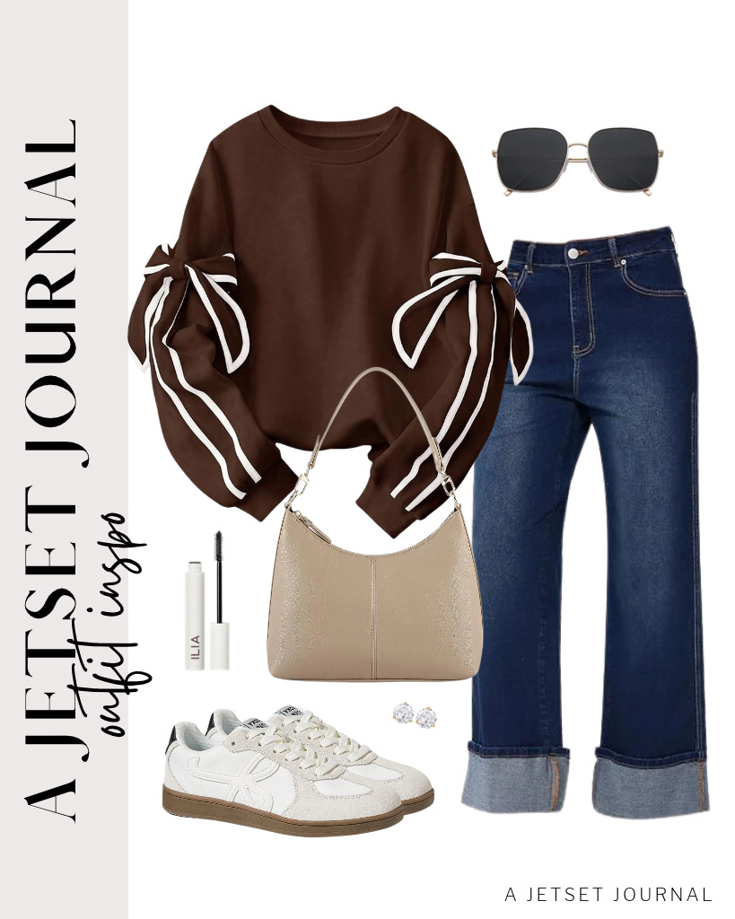 Our next outfit pairs a brown bowtie sweatshirt with Vinova cuffed jeans. These LUCKY STEP fashion sneakers go well with this fit, along with this Keyli shoulder bag. You can finish this look with ILIA - Limitless Lash Mascara and PAVOI stud earrings. 

 #LTKSeasonal #LTKSaleAlert #LTKTravel