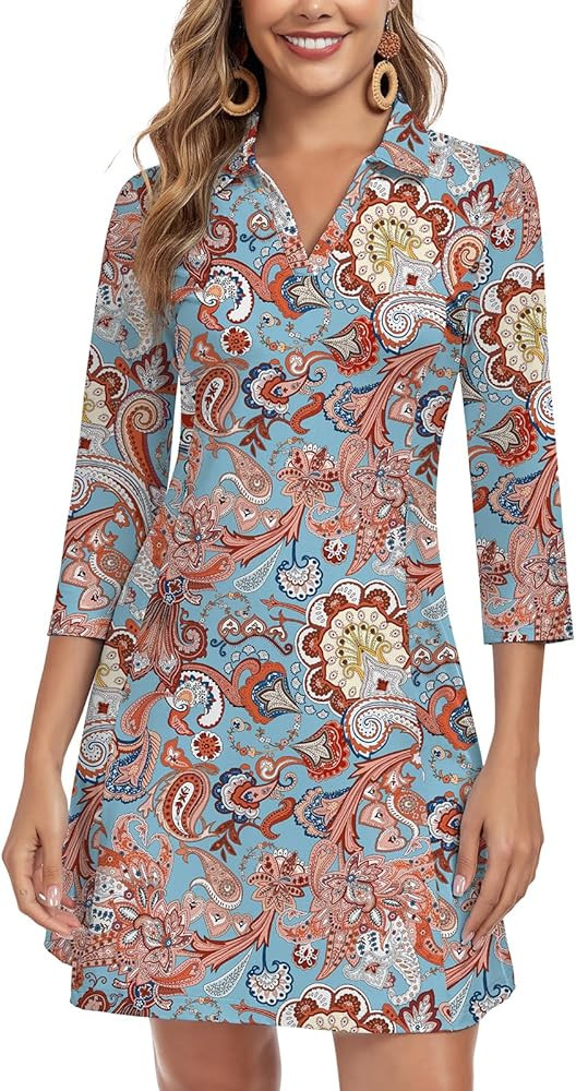 WOWENY 3/4 Sleeve Dress for Women with Pockets V Neck UPF 50+ Casual Sun Dress Breathable Quick D... | Amazon (US)
