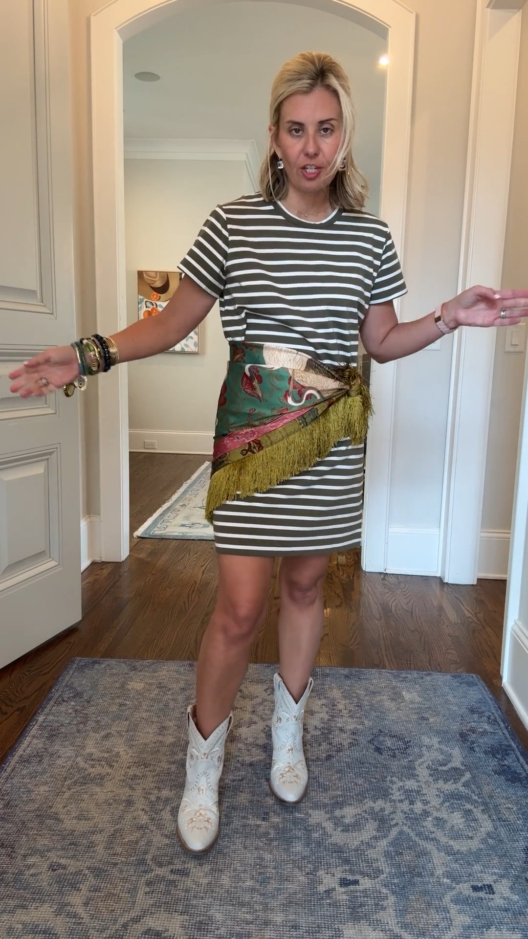 Loving the scarf tend! My favorite Tnuck Parker tee is now available in a dress…YES!! 
Dress - small
Boots - 8 tts 

*Code Catherine20 at Allie + Bess

#LTKmomlife #LTKSeasonal #LTKOver40