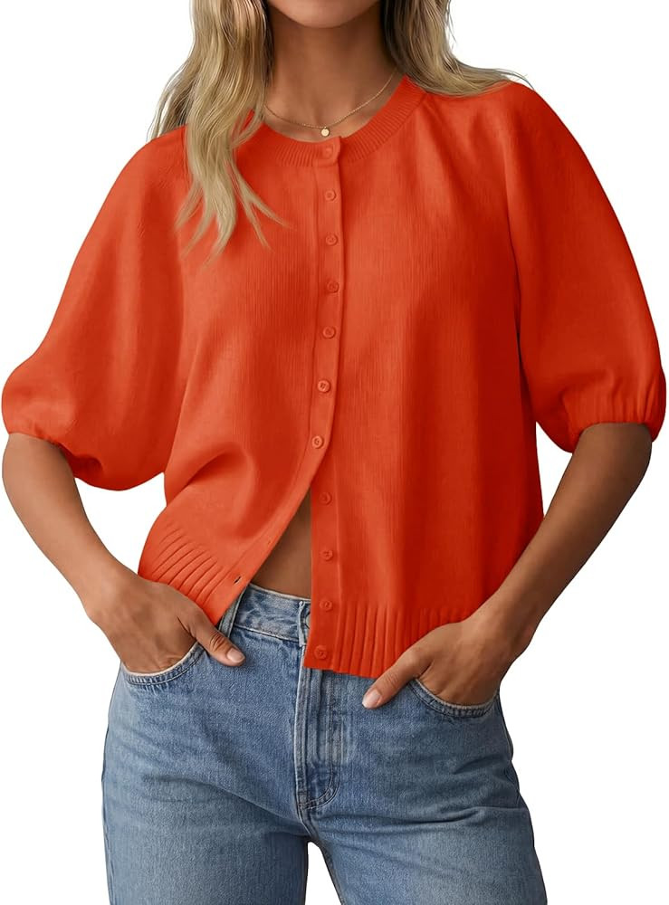 Saodimallsu Womens Short Sleeve Cardigan Lightweight Knit 2026 Spring Summer Crew Neck Button Dow... | Amazon (US)